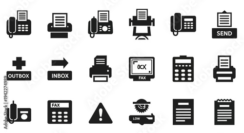 Collection of black icons representing various office communication and document management tools on a clean white background viewed from directly above