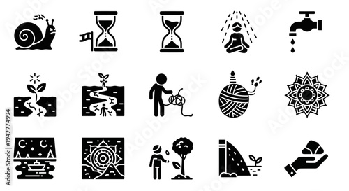 A collection of black icons representing various abstract concepts and objects on a plain white background viewed from directly above