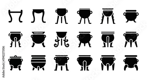 A collection of ancient Greek pottery icons depicted in various styles and designs, presented in a grid layout, on a neutral background, viewed from directly above.