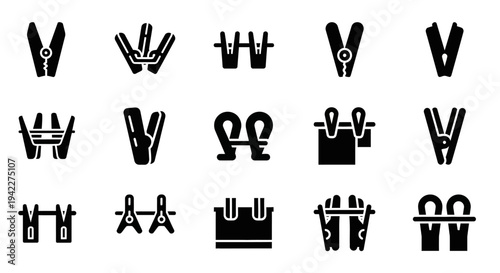 Collection of black icons representing various abstract designs and shapes on a plain background from a direct viewpoint