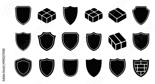 Collection of black shield and package icons on white background, viewed from a straightforward perspective.