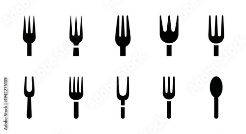 Collection of various black silhouettes of forks and a spoon on a clean background viewed from directly above