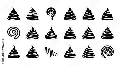 Collection of black ice cream illustrations in different swirl designs and patterns on a plain background