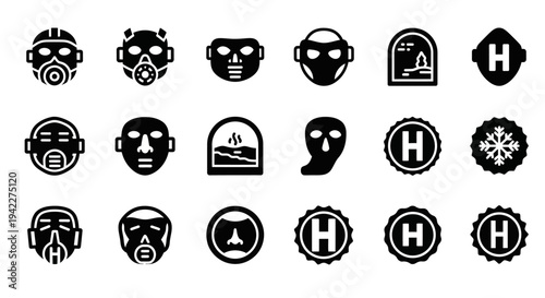 Collection of simple black icons representing various headgear and masks on a white background viewed from a straightforward perspective