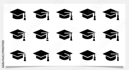 Graduation caps arranged in a grid pattern on a white background viewed from directly above