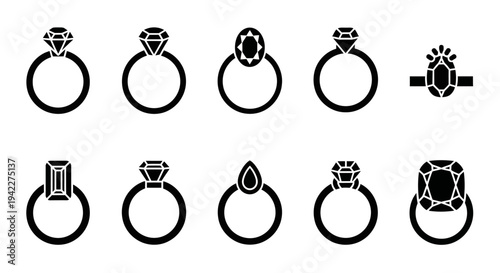 Collection of various black and white ring icons with different gemstones and settings displayed together