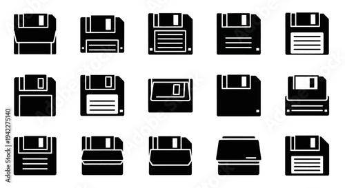 Collection of various floppy disk icons displayed in a grid pattern on a clean white background