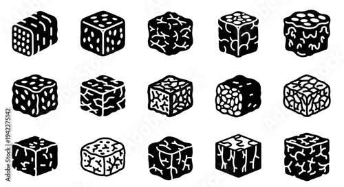 Collection of abstract 3D cube illustrations with varying geometric patterns and designs, depicted from a straightforward viewpoint