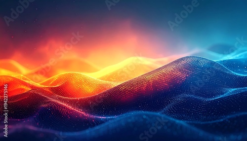 Vibrant waves undulating across a dark landscape viewed from a high vantage point with dynamic motion and colorful illumination