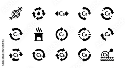 A collection of black icons representing various abstract concepts, including targets, recycling, and communication, displayed on a clean white background from a straightforward viewpoint