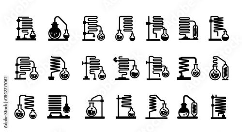 Collection of various laboratory equipment icons featuring flasks, beakers, and other scientific instruments in a simple, black-and-white style
