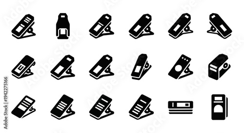 Collection of Various Binder Clips and Office Supplies Illustrated in Black and White
