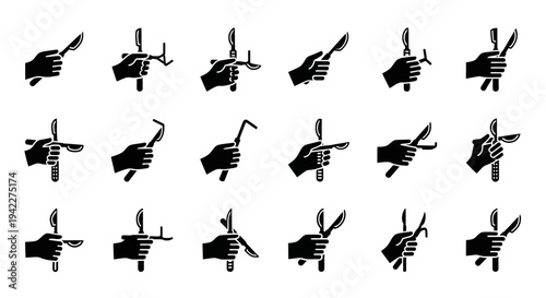 Collection of various hand gestures and signs depicted in a grid layout on a plain background