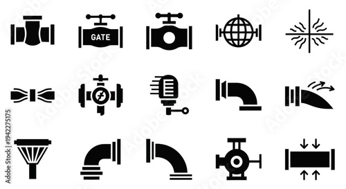 Collection of industrial pipeline icons, valves, and gates displayed against a clean white background from a straightforward viewpoint