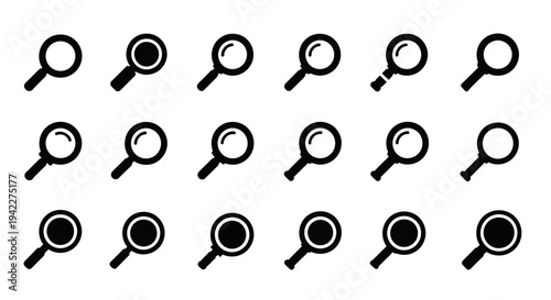 Collection of various magnifying glass icons arranged in a grid pattern on a clean background