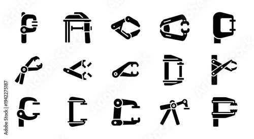 Collection of photography equipment icons including cameras, lenses, and tripods, illustrated in a simple black and white style