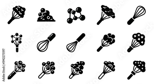 Collection of black and white illustrations of whisks with various floral elements, utensils, and molecular structures