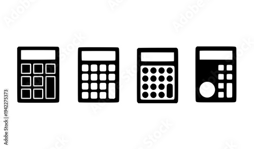 Calculator black icon set vector finance math device collection isolated on white