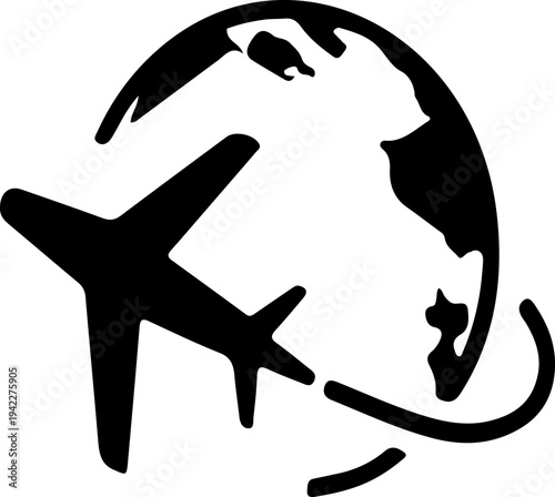Black silhouette vector icon of an airplane flying around a globe, symbolizing global travel, international flights, and worldwide transportation services.