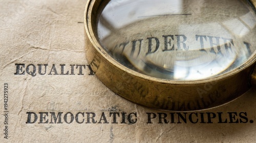 Justice scale under magnifying glass equality concept legal democracy principles close-up