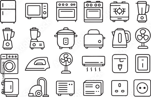 A collection of black and white icons of household appliances