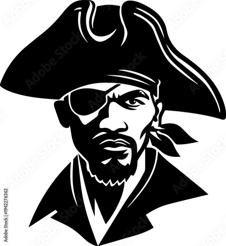 Hand Drawn Male Pirate Black and White Avatar Illustration in Minimal Line Art Style Design