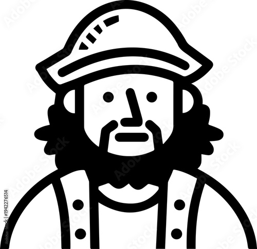 Hand Drawn Male Pirate Black and White Avatar Illustration in Minimal Line Art Style Design