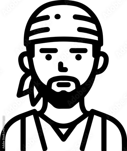 Hand Drawn Male Pirate Black and White Avatar Illustration in Minimal Line Art Style Design