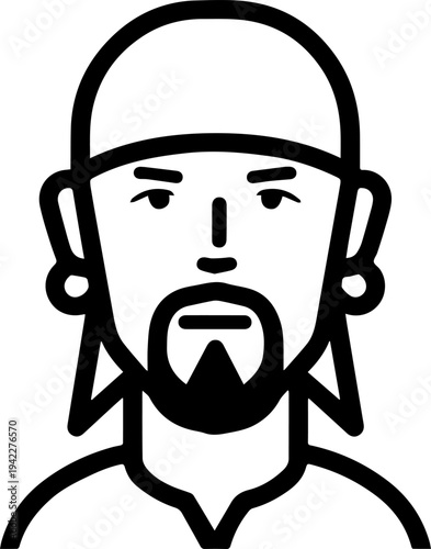 Hand Drawn Male Pirate Black and White Avatar Illustration in Minimal Line Art Style Design