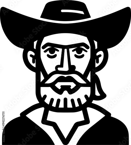 Hand Drawn Male Pirate Black and White Avatar Illustration in Minimal Line Art Style Design