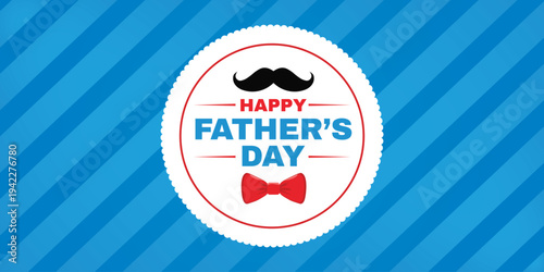Illustration of a vibrant fathers day banner on a blue striped background with a red and white logo