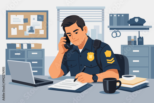 Vector Illustration of a Busy Male Police Officer in Uniform Sitting at His Desk in a Police Station Office, Talking on the Phone and Writing a Report with Laptop and Coffee Mug Nearby.