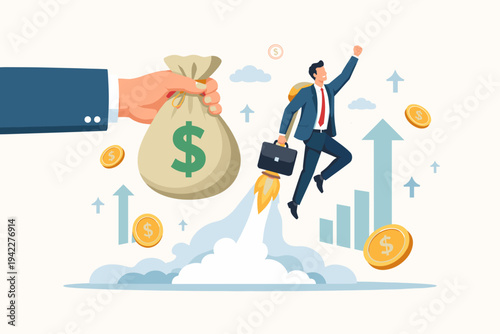 Businessman Flying Upwards with Jetpack Receiving Financial Assistance and Investment Funding from Large Hand, Growth Concept with Money Bag, Gold Coins, and Rising Bar Chart Vector Illustration