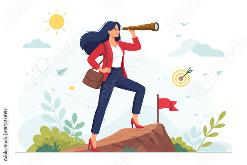 Businesswoman Standing on Mountain Peak Looking Through Telescope for New Opportunities and Future Goals, Concept of Visionary Leadership, Career Success, Ambition, and Strategic Planning