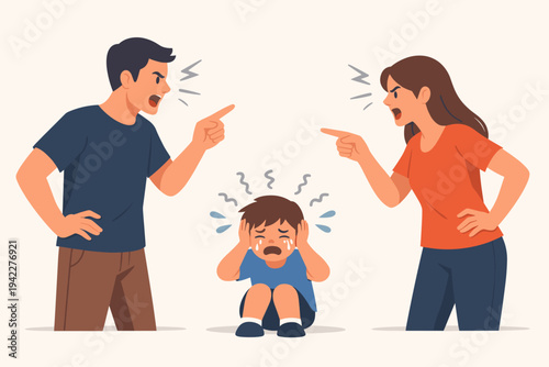 Vector Illustration of a Couple Having a Loud Argument and Shouting at Each Other While Their Stressed Crying Child Sits in the Middle Covering His Ears from the Noise and Conflict