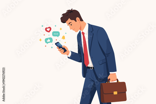 Businessman in Blue Suit with Briefcase Addicted to Smartphone and Social Media Notifications, Flat Vector Illustration of Professional Distracted by Digital Likes, Hearts, and Messages.