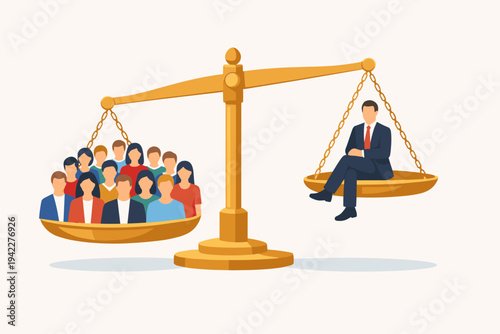Vector illustration of a single powerful businessman in a suit outweighing a large crowd of diverse people on a golden scale, symbolizing social inequality, power imbalance, and wealth elitism.