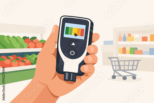 Hand holding a nitrate tester in a supermarket to check food safety of fresh vegetables and fruits. Flat vector illustration of a person using a portable device for healthy grocery shopping.