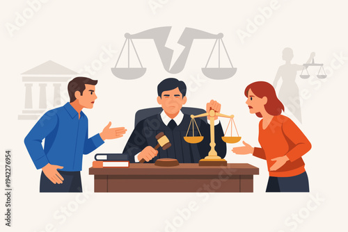 Judge Mediating Intense Legal Dispute Between Man and Woman in Courtroom, Divorce Settlement or Lawsuit Hearing with Gavel and Scales of Justice, Flat Vector Illustration of Justice System Conflict