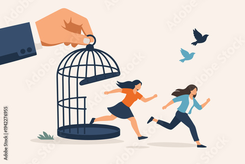 Vector Illustration of a Giant Hand Lifting a Birdcage to Help Women Escape Imprisonment, Symbolizing Freedom, Liberation, Empowerment, and Breaking Free from Social Constraints and Limitations.