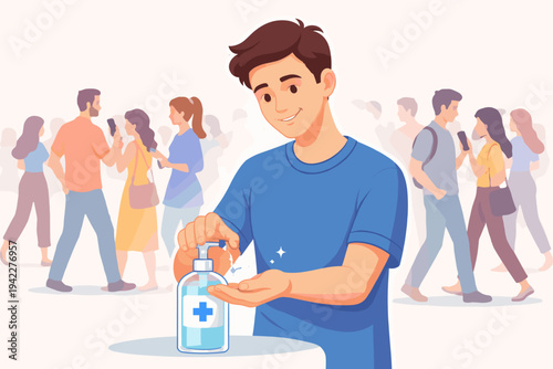 Flat vector illustration of a young man using hand sanitizer gel from a pump bottle to disinfect his hands in a crowded public area with people, emphasizing hygiene, health, and virus prevention.