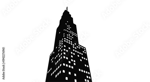 An imposing, dark skyscraper silhouette rises against a stark white background, featuring numerous illuminated rectangular windows suggesting late-night corporate activity.