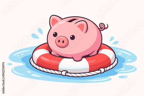 Cute Pink Piggy Bank Floating on a Red and White Lifebuoy in Water, Flat Vector Illustration Representing Financial Security, Emergency Savings Fund, Insurance Protection, and Economic Rescue.