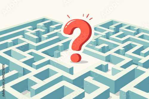 Red question mark lost in a complex blue 3D labyrinth maze vector illustration. Concept of confusion, searching for answers, problem solving, uncertainty, decision making and finding a way out.