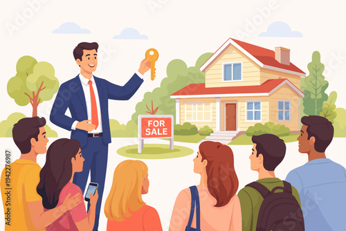 Real Estate Agent Holding Golden Key in Front of Suburban House with For Sale Sign, Presenting Property to Group of Potential Buyers, Home Ownership, Mortgage, and Housing Market Concept Vector