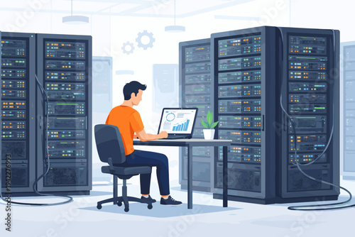 Flat Vector Illustration of a Professional IT Specialist Working on a Laptop in a High-Tech Data Center Server Room Surrounded by Large Racks, Network Infrastructure, and Cloud Computing Systems.
