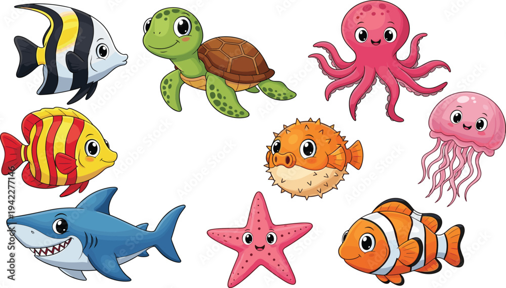 Fototapeta premium Cute Cartoon Ocean Animals Vector Set with Shark, Turtle, Octopus, Jellyfish, Starfish, Puffer Fish and Tropical Fish Illustration.
