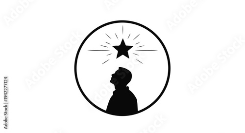 A solitary figure in silhouette gazes upward at a single shining star contained within a clean circular frame, symbolizing ambition.