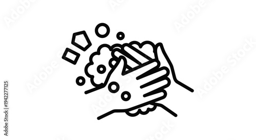 Simple line art vector graphic illustration depicting the essential action of thoroughly washing hands with soap and creating bubbles