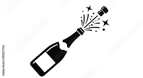 Black and white vector graphic illustration of a champagne bottle cork popping off with celebratory spray and sparkles